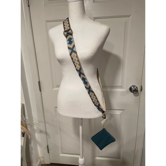 NEW BoriVilla Crossbody Bag Phone Strap‎ Adjustable Woven Purse Blue Brown Cream - Picture 1 of 13